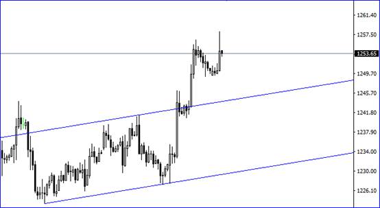 黄金昨日午盘由1233附近上冲至1245附近,晚间继续上行,近期上方目标位1275-1280一带。