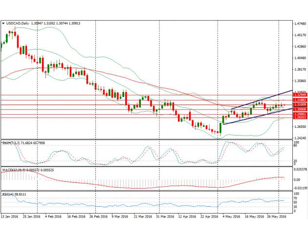 日线图上来看,美元兑加元仍处于上升通道之中,但MACD能量柱持续缩短,汇价上升动能持续减弱,短线或下测60日均线以及布林带中轨;上方阻力位于1.31关口、1.3187(5月24日高点)以及1.3295(3月24日高点);下方支撑位于1.30关口、1.2910(5月26日低点)以及1.2836(5月17日低点)。